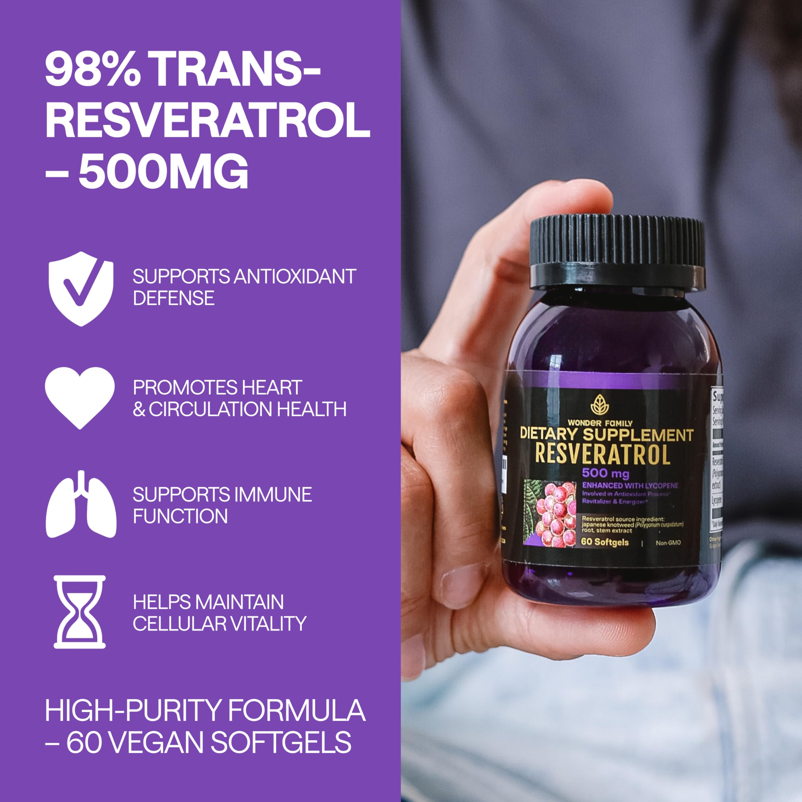 Etiqueta de WONDER FAMILY Resveratrol 1000 mg, destaca antioxidantes naturales.