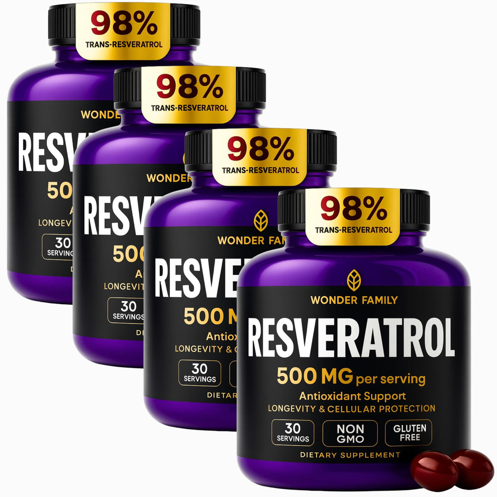 WONDER FAMILY Resveratrol bottle close-up highlights vegan, non-GMO formula for daily wellness.