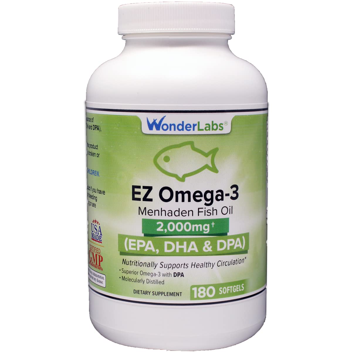Wonder Laboratories EZ Omega-3 bottle showing burpless formula for daily wellness.