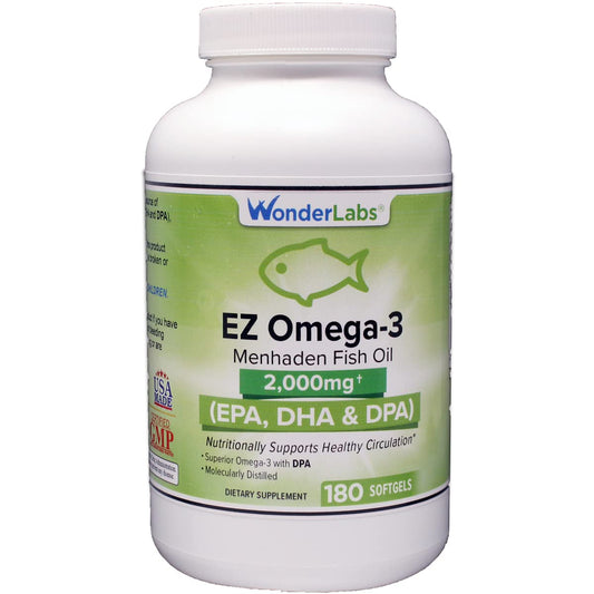 Wonder Laboratories EZ Omega-3 bottle showing burpless formula for daily wellness.