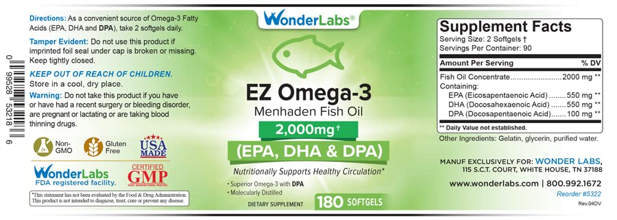 Wonder Laboratories EZ Omega-3 softgels close-up highlighting EPA and DHA content.