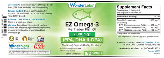 Wonder Laboratories EZ Omega-3 softgels close-up highlighting EPA and DHA content.