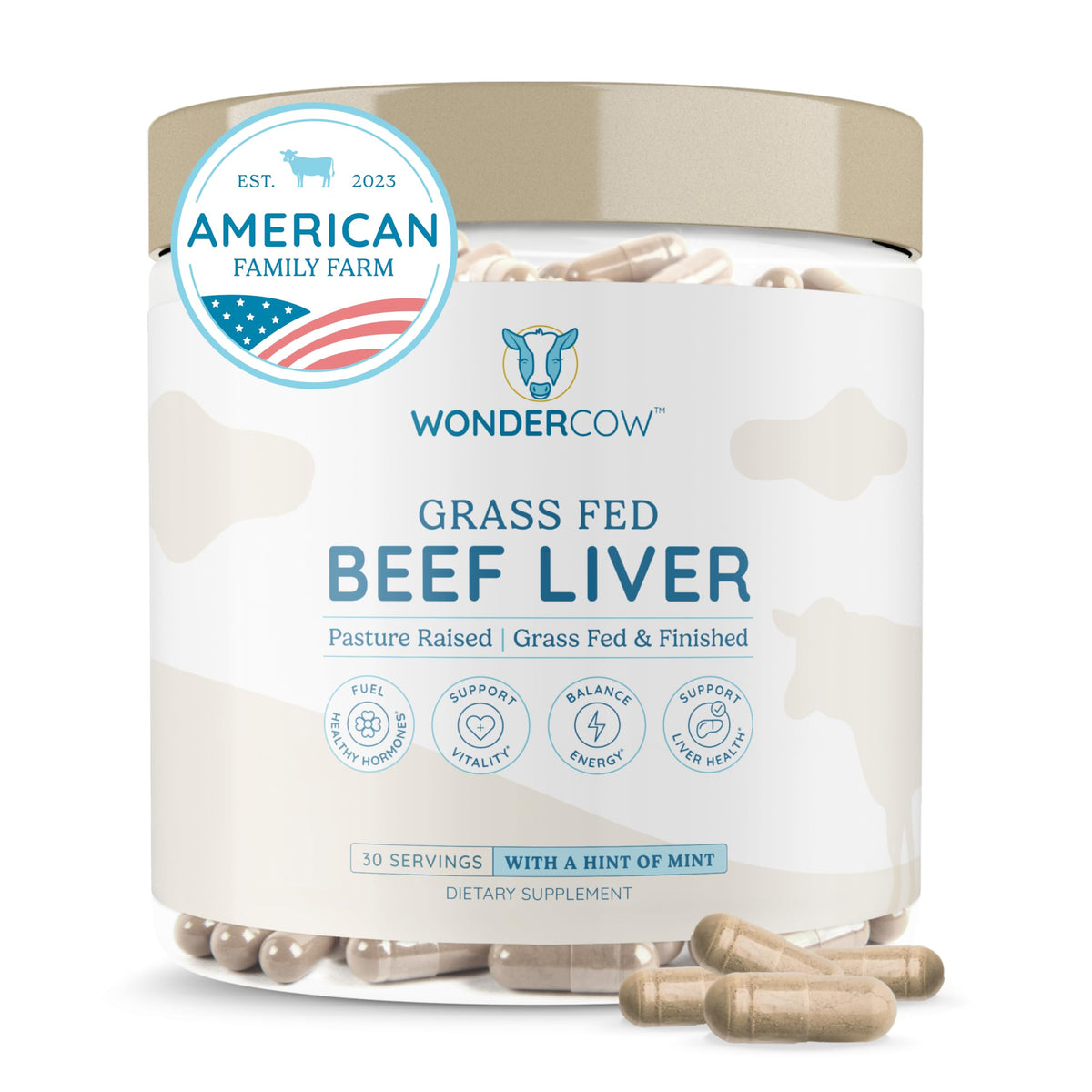 WonderCow beef liver capsules bottle supports energy and immune wellness.