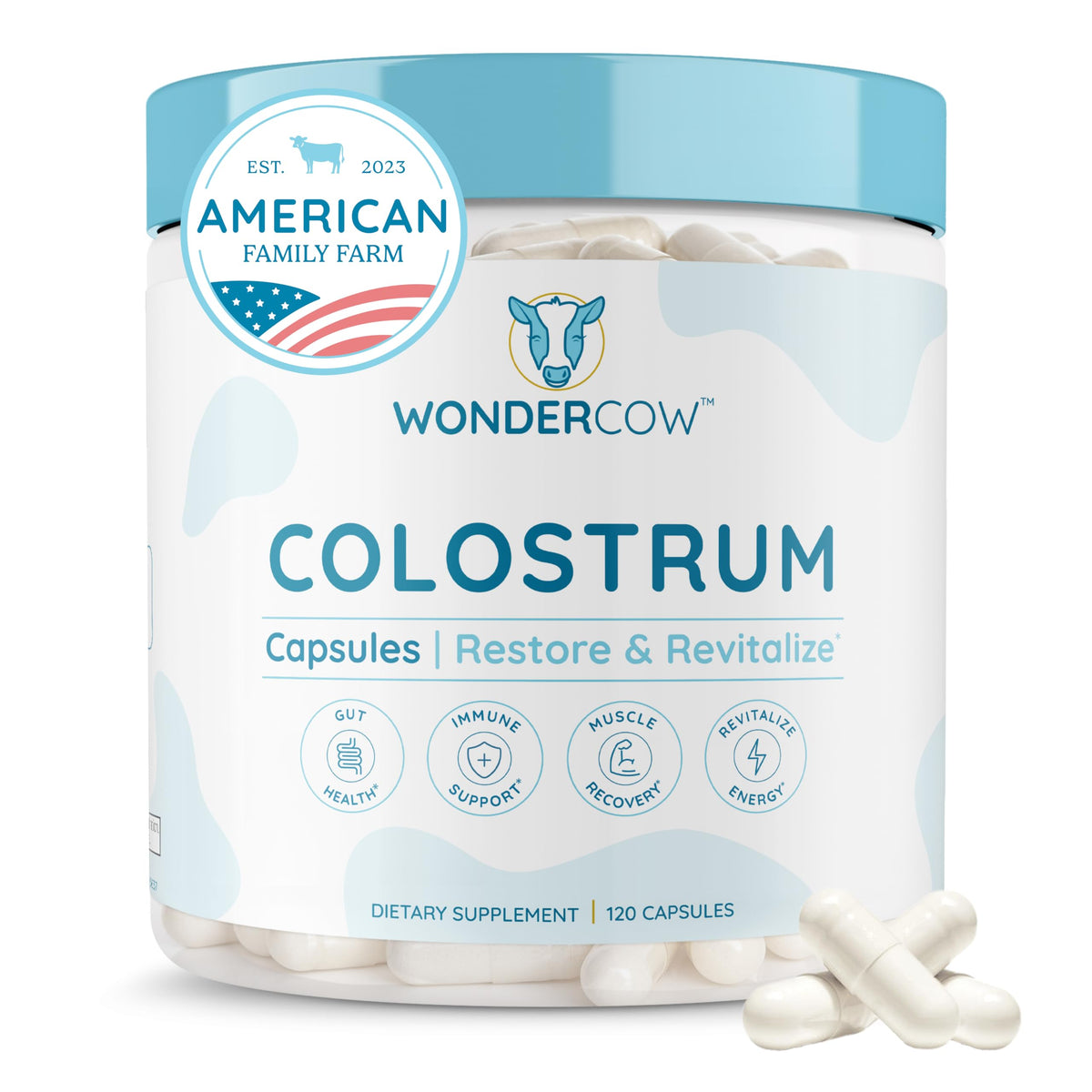 WonderCow colostrum capsules bottle on shelf signaling gut health and immune support