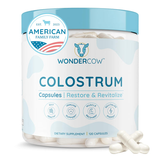 WonderCow colostrum capsules bottle on shelf signaling gut health and immune support