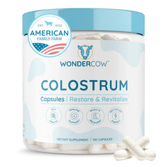 WonderCow colostrum capsules bottle on shelf signaling gut health and immune support