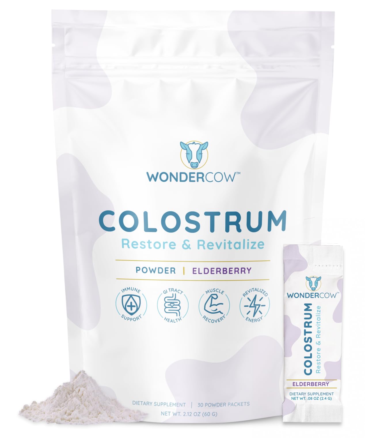 WonderCow colostrum with elderberry powder in tub, supports immune potential.