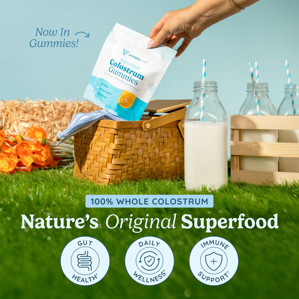 WonderCOW Colostrum Gummies ingredients label highlights clean, sugar-free formula.