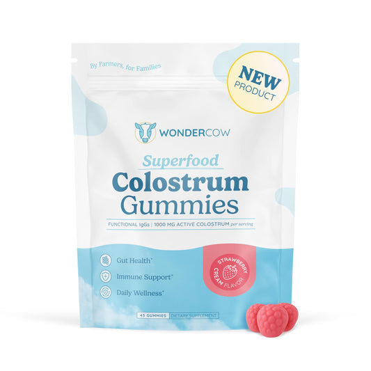 WonderCow Colostrum Gummies jar front display for daily wellness support