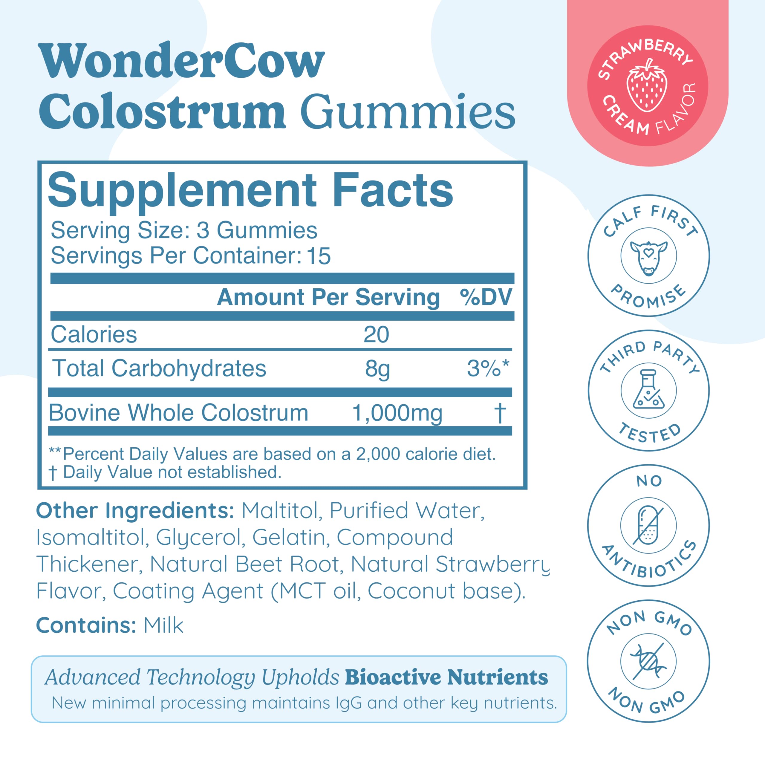 WonderCow Colostrum Gummies packaging box featuring brand and benefits