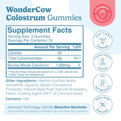 WonderCow Colostrum Gummies packaging box featuring brand and benefits