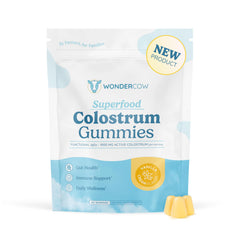 WonderCOW Colostrum Gummies vanilla-cream bottle promotes daily gut wellness.