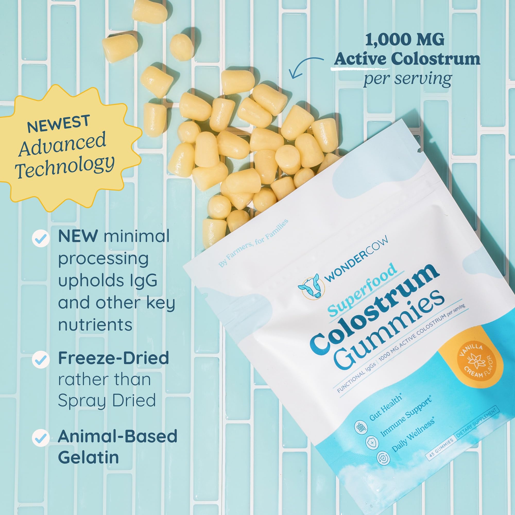 WonderCOW Colostrum Gummies vanilla-cream jar close-up for convenient daily use.