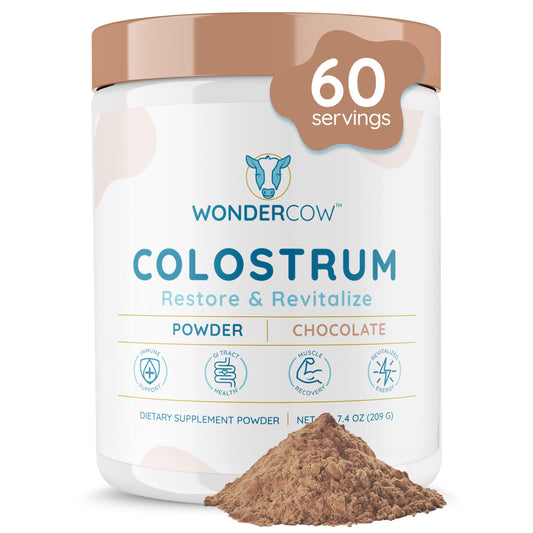 WonderCow Colostrum powder bottle highlights immune support and gut health.