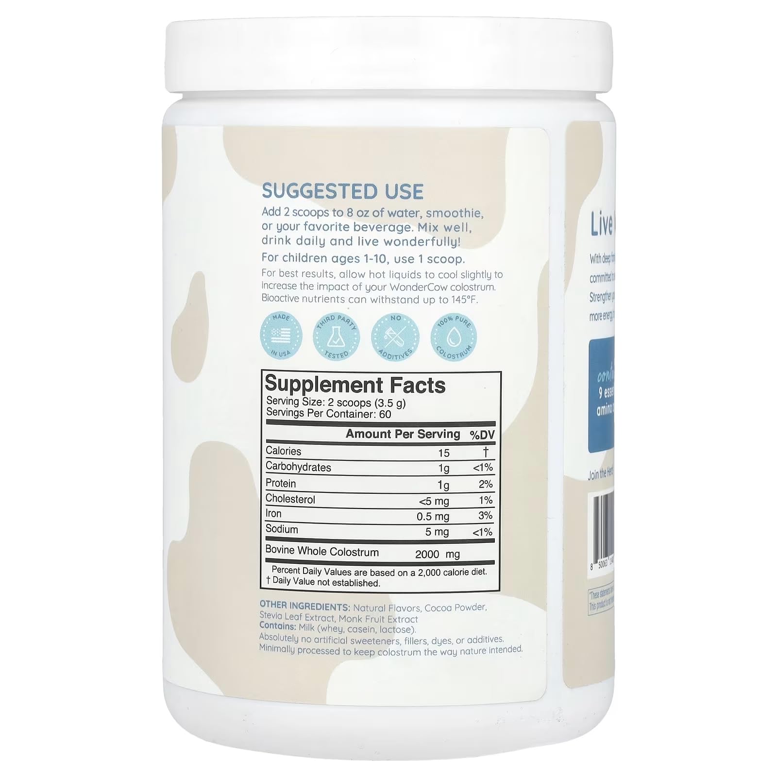 WonderCow Colostrum powder glass with milk suggests convenient serving.