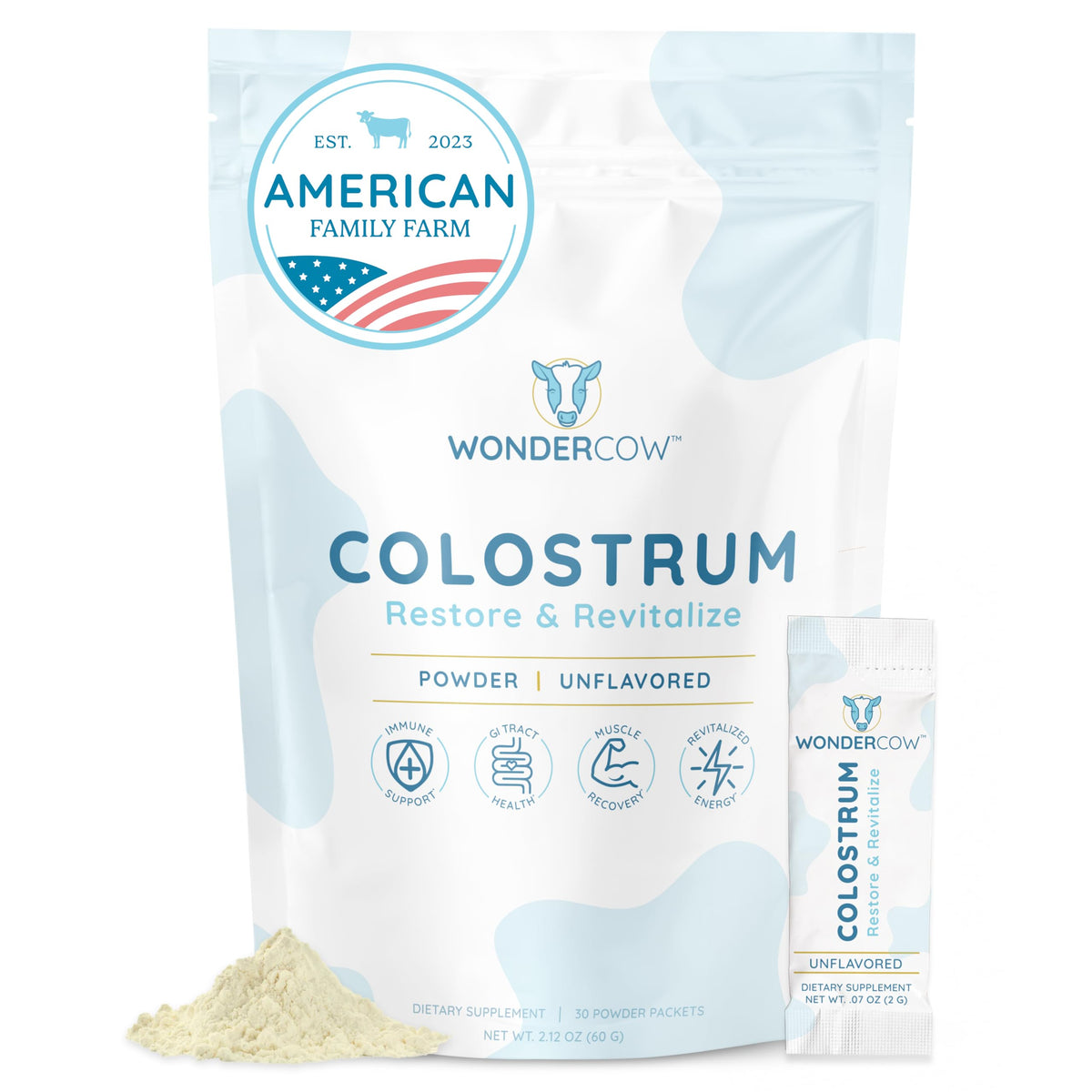 WonderCow Colostrum powder tub close-up showing pure unflavored daily use.