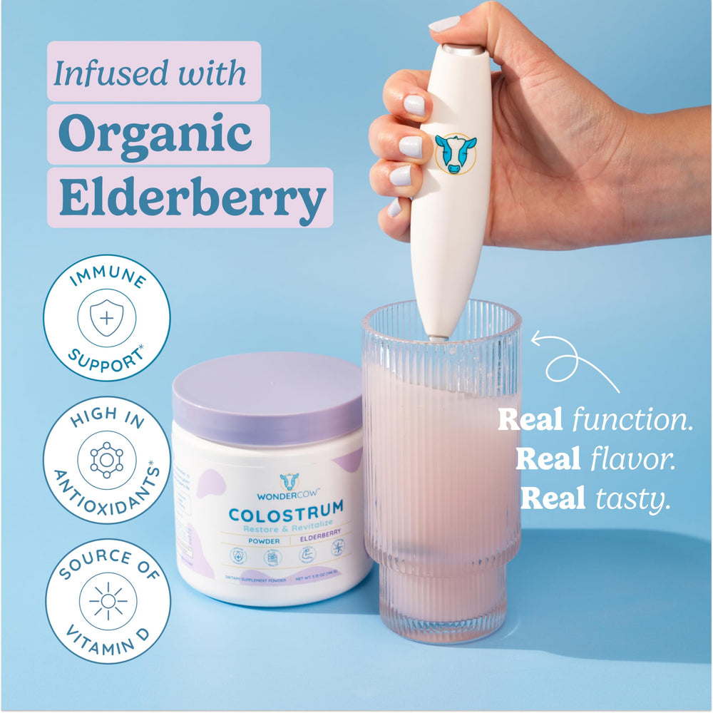 WonderCow elderberry-infused colostrum image highlighting immune support.