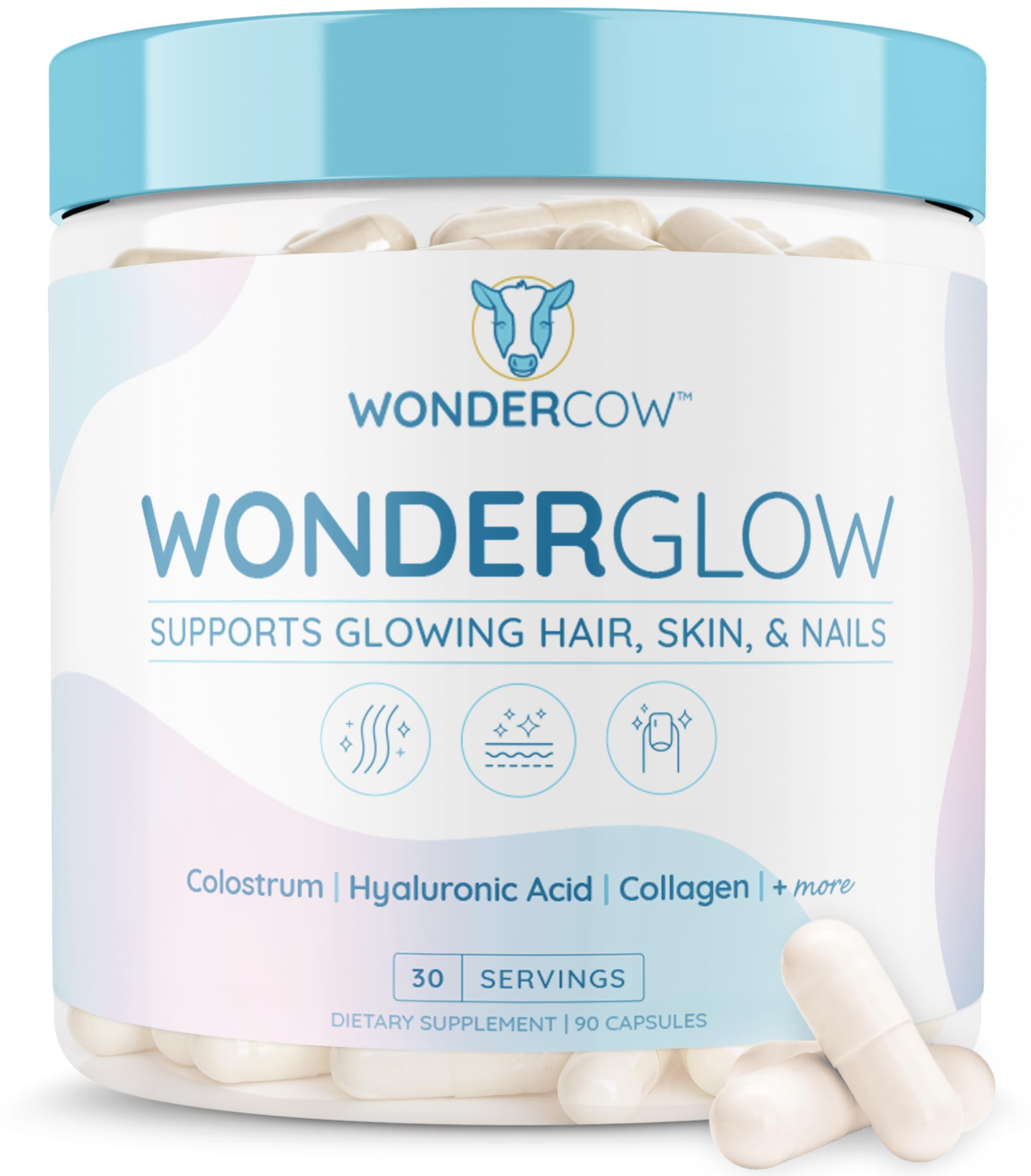 WonderCow hair, skin, and nails bottle shows the capsule formula for daily beauty support.