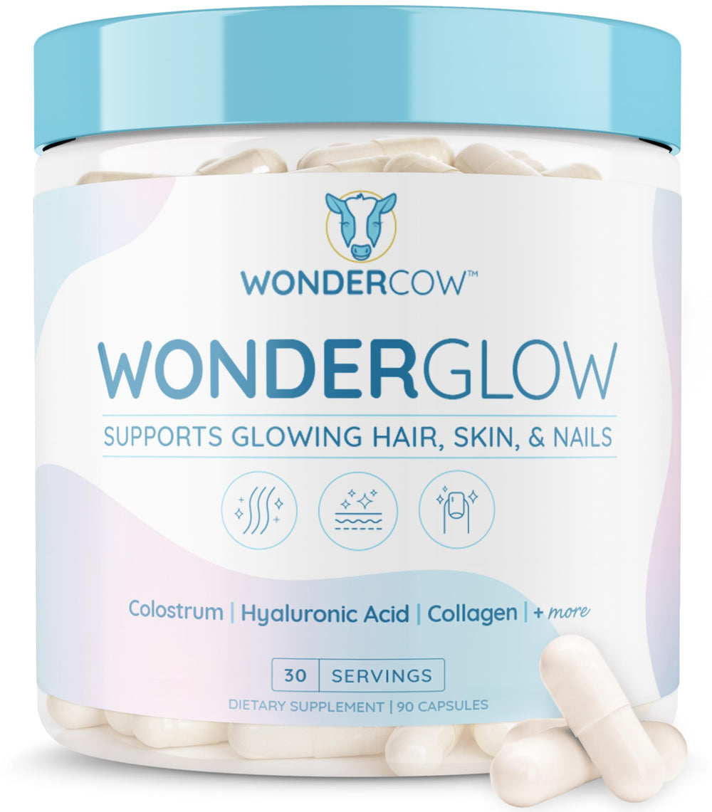 WonderCow hair, skin, and nails bottle shows the capsule formula for daily beauty support.