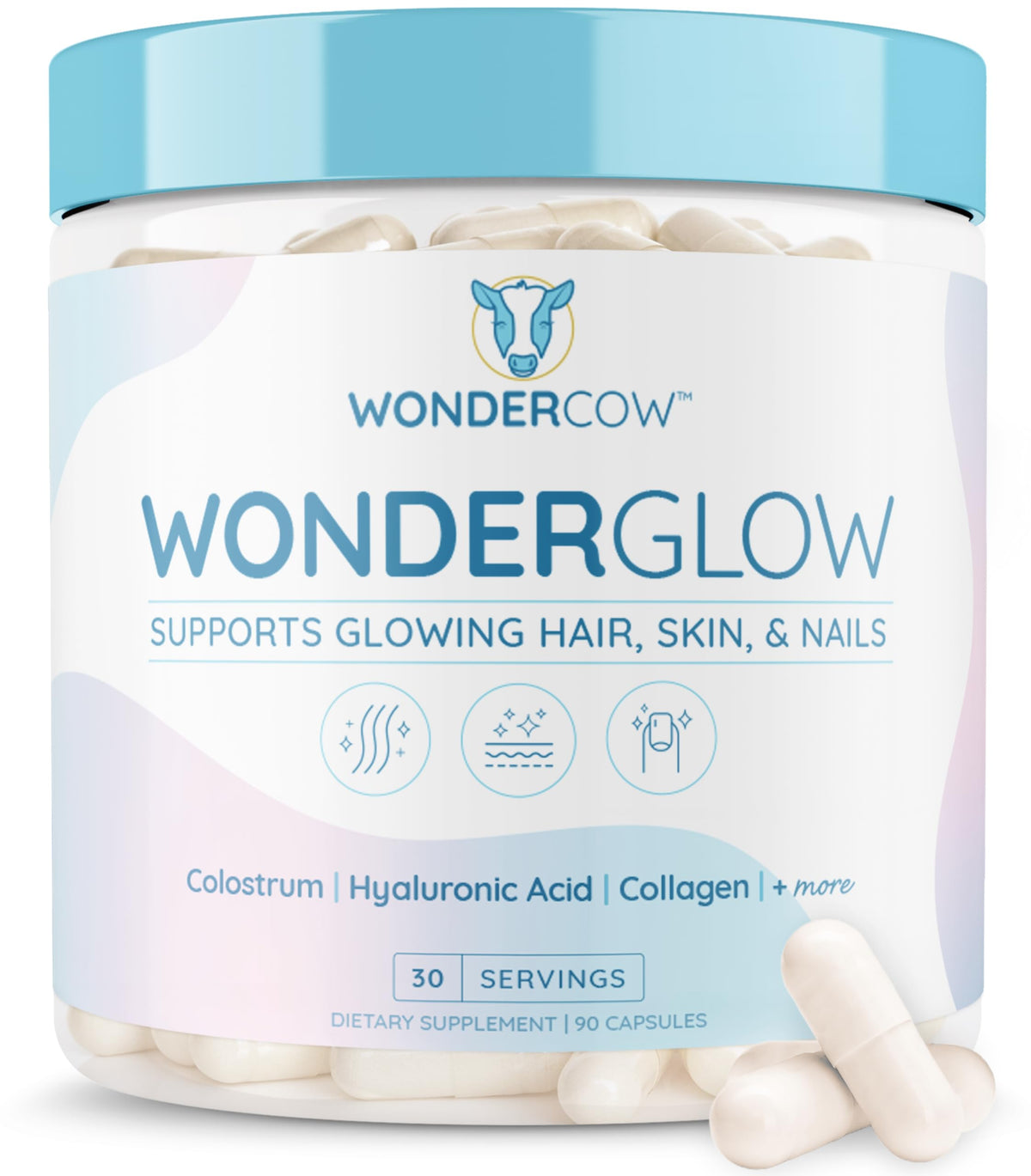 WonderCow hair, skin, and nails bottle shows the capsule formula for daily beauty support.