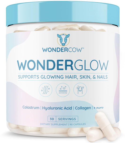WonderCow hair, skin, and nails bottle shows the capsule formula for daily beauty support.