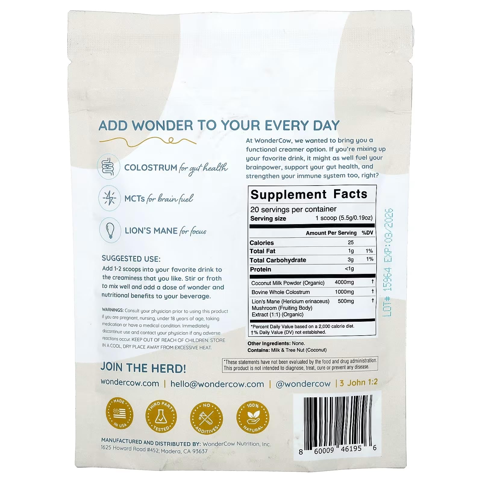 WonderCow pack with scoop and label shows convenient, mess-free dosing