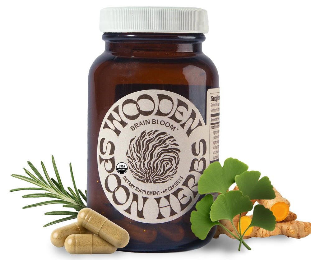 Wooden Spoon Herbs Brain Bloom bottle highlights eight-herb blend for clarity