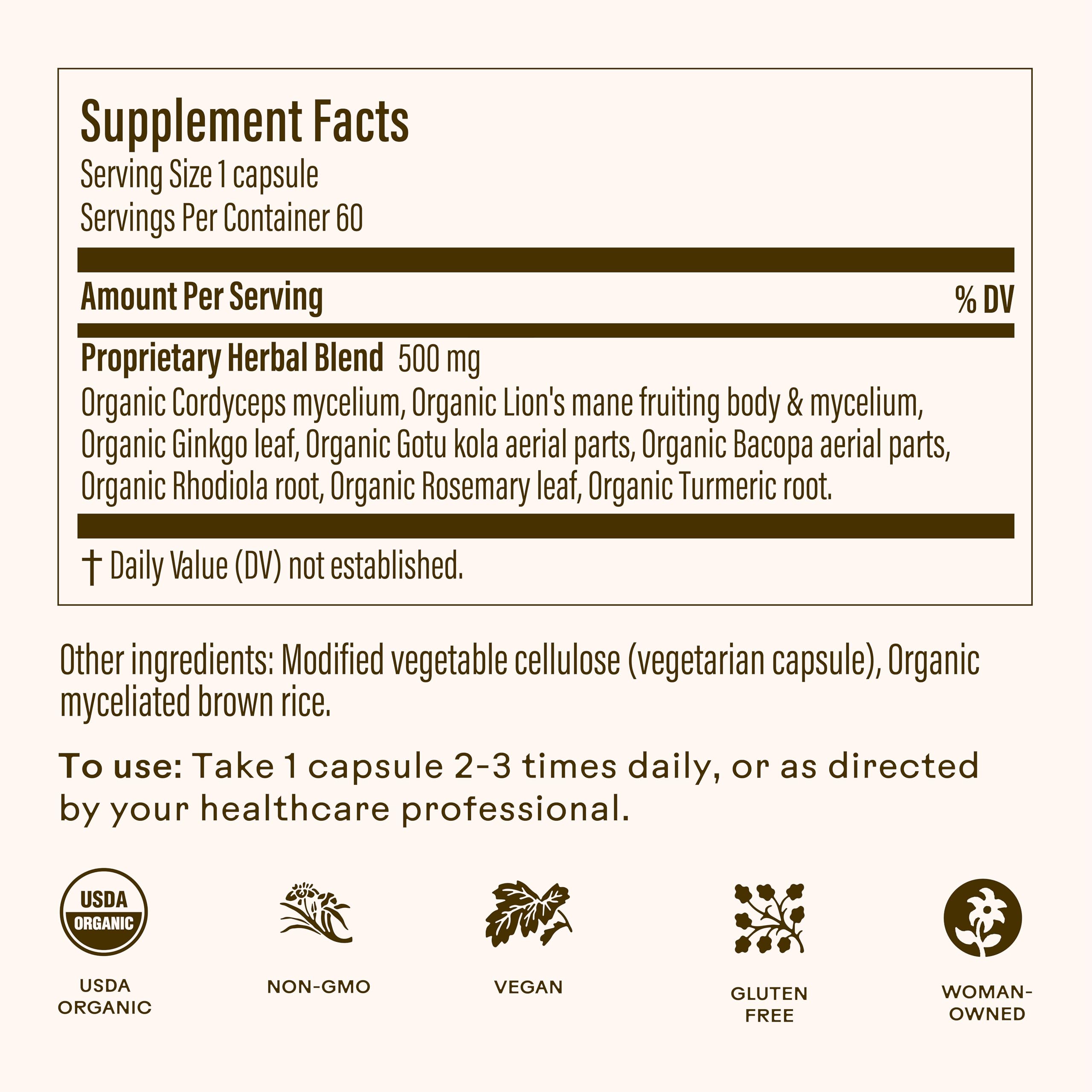 Wooden Spoon Herbs Brain Bloom capsules ready for daily routine and focus
