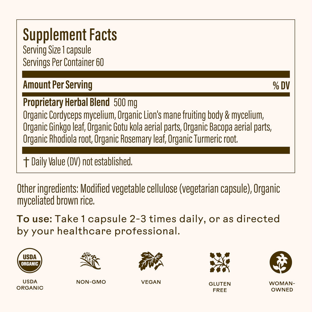 Wooden Spoon Herbs Brain Bloom capsules ready for daily routine and focus