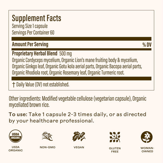 Wooden Spoon Herbs Brain Bloom capsules ready for daily routine and focus