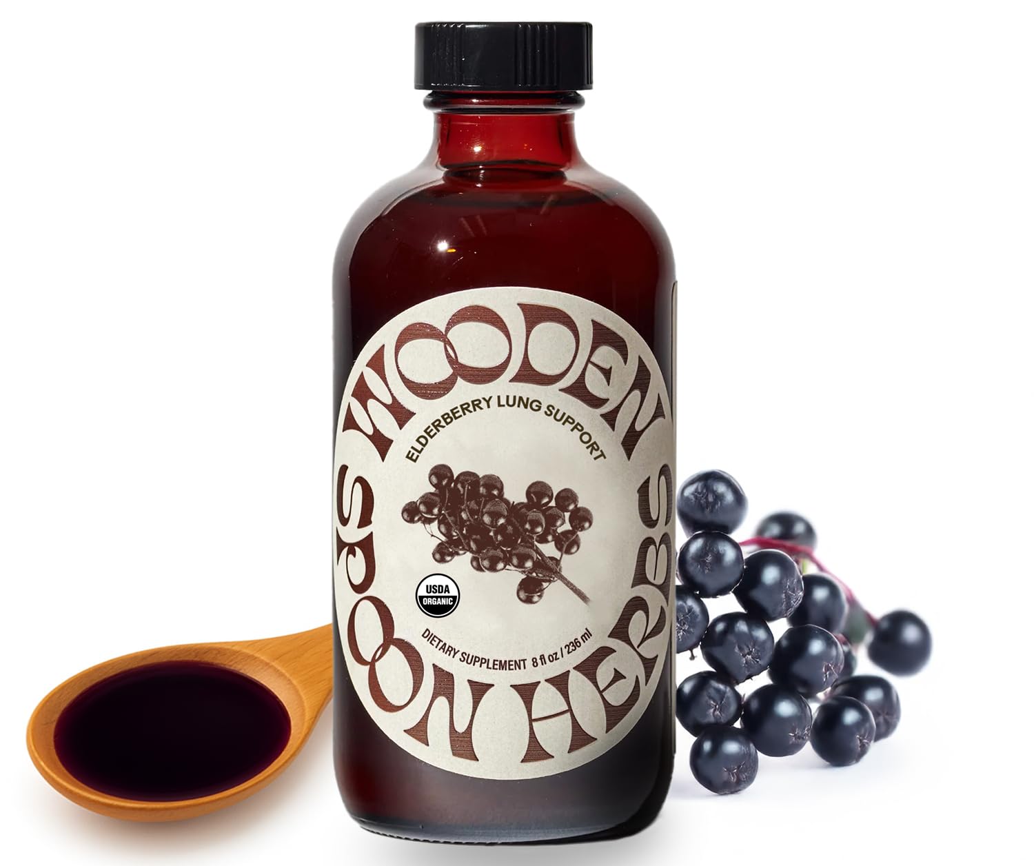 Wooden Spoon Herbs Elderberry Syrup bottle with organic ingredients for daily immune support.