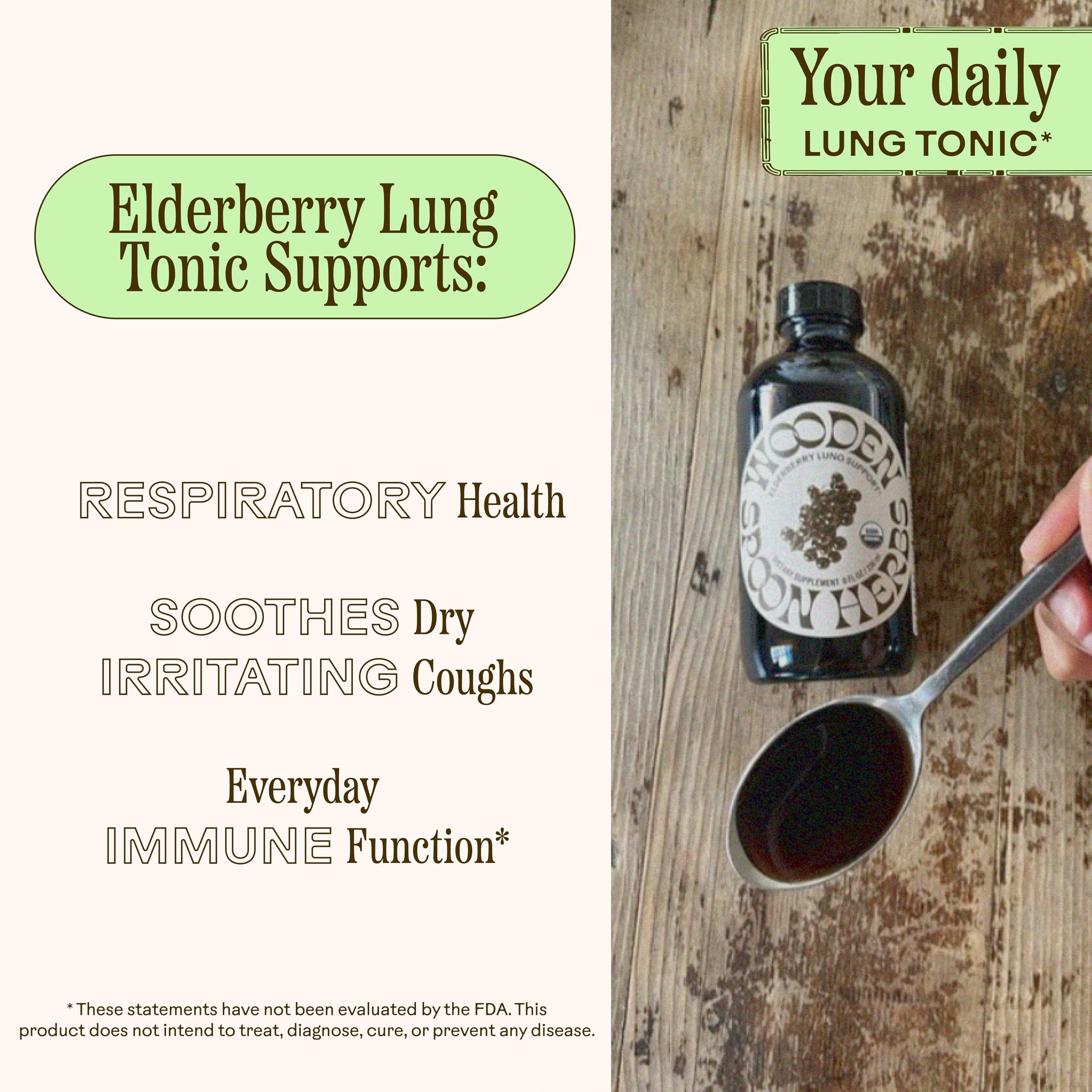 Wooden Spoon Herbs Elderberry Syrup spoonful for tea and daily routines.