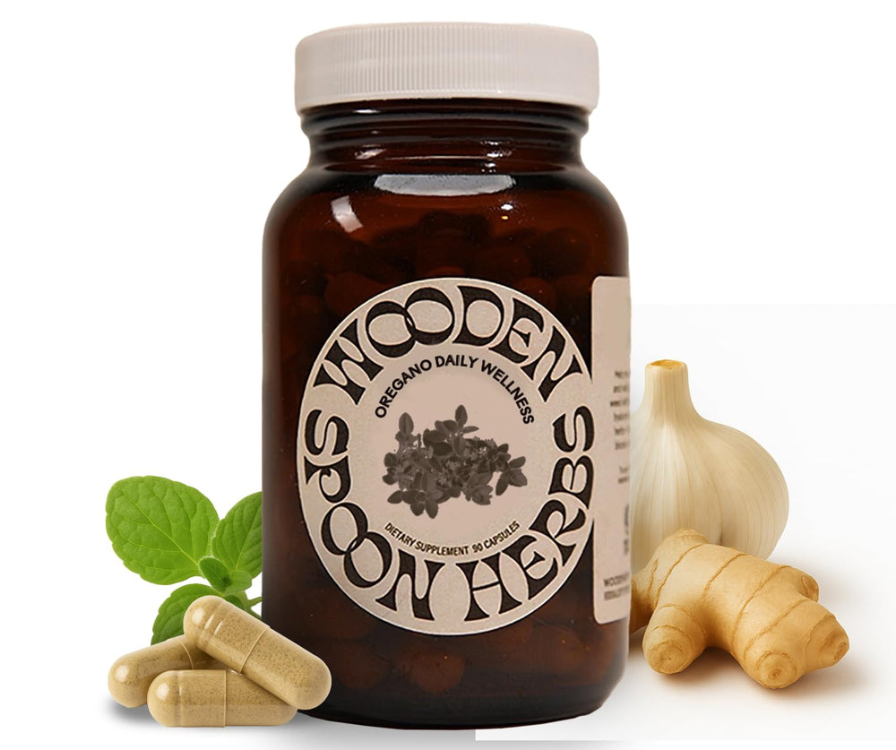 Wooden Spoon Herbs Oregano Daily Wellness bottle with capsules for immune support.