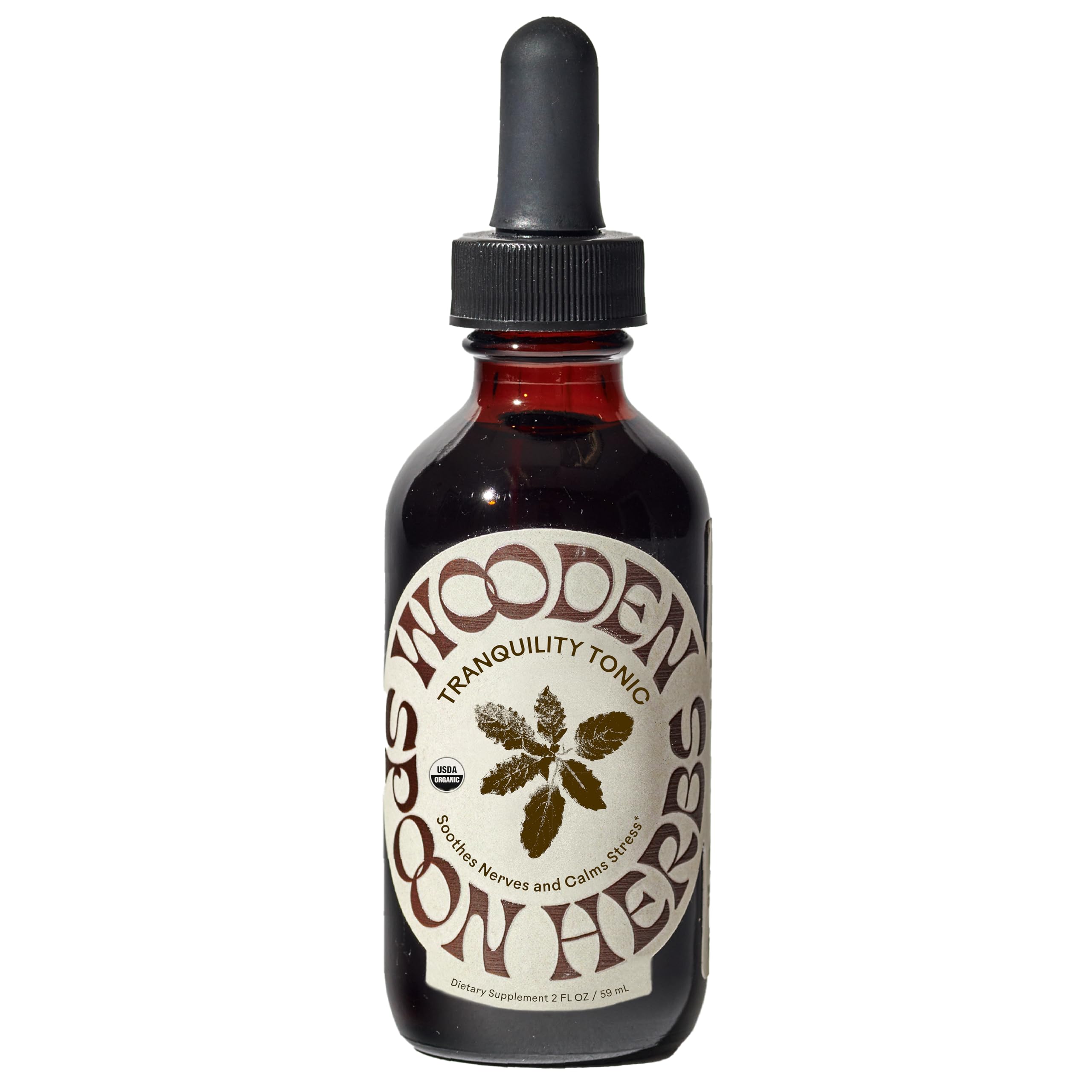 Wooden Spoon Herbs Tranquility Tonic bottle for stress relief.
