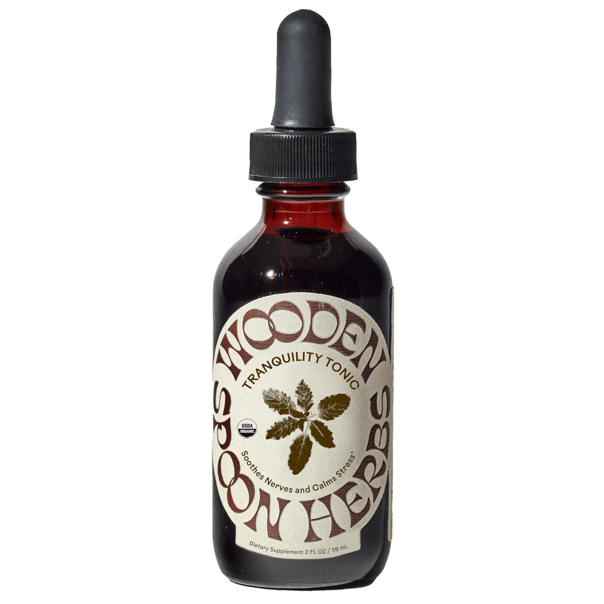 Wooden Spoon Herbs Tranquility Tonic bottle for stress relief.