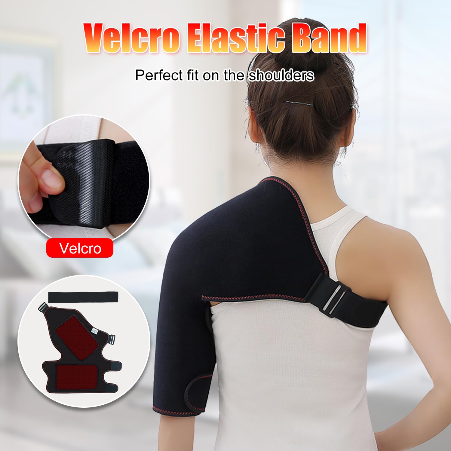 WOOLALA heated shoulder brace adjustable strap supports secure use during activities.