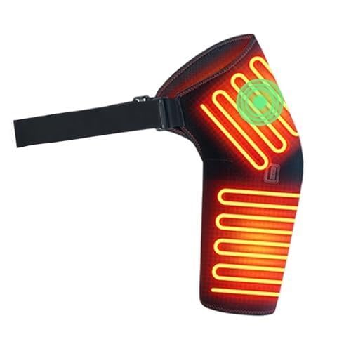 WOOLALA heated shoulder brace massager close-up showing adjustable heat control for personalized relief.