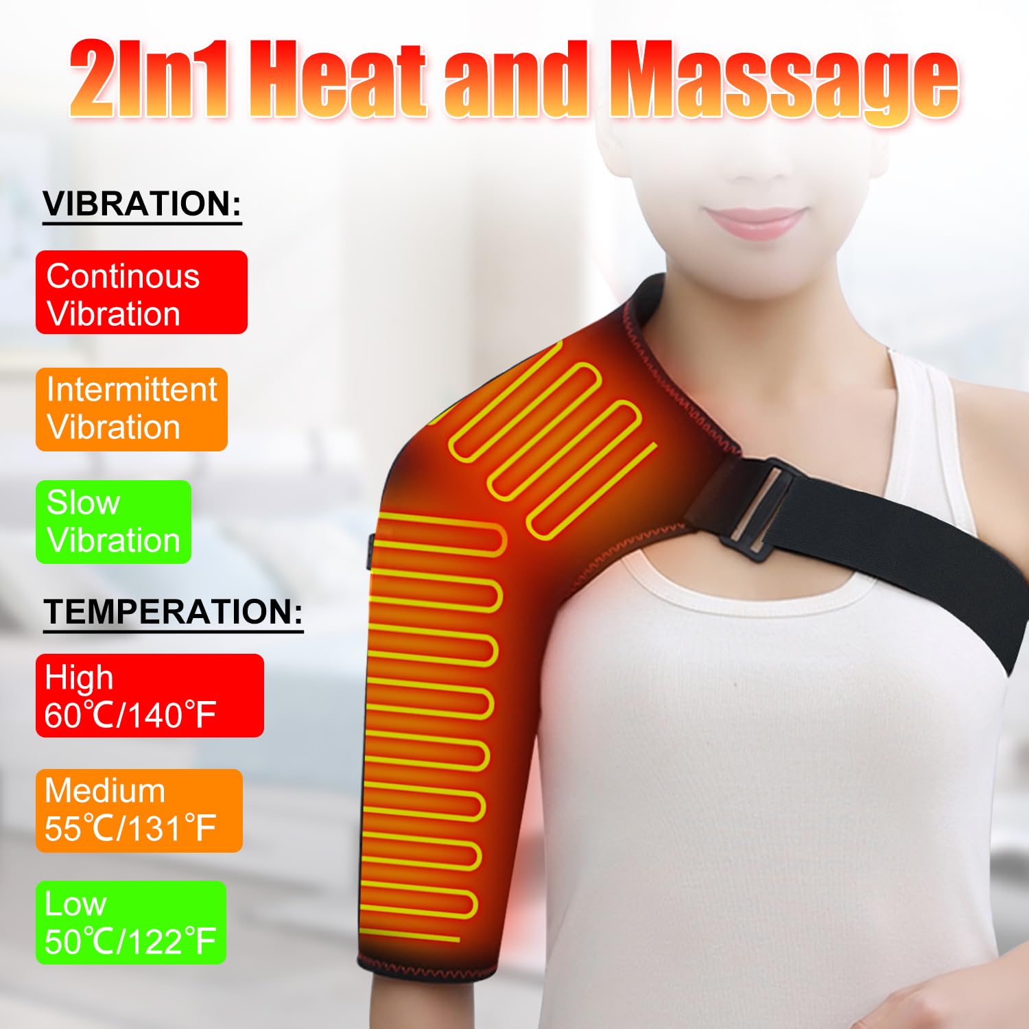 WOOLALA heated shoulder brace massager worn on shoulder demonstrates adjustable fit for all sizes.