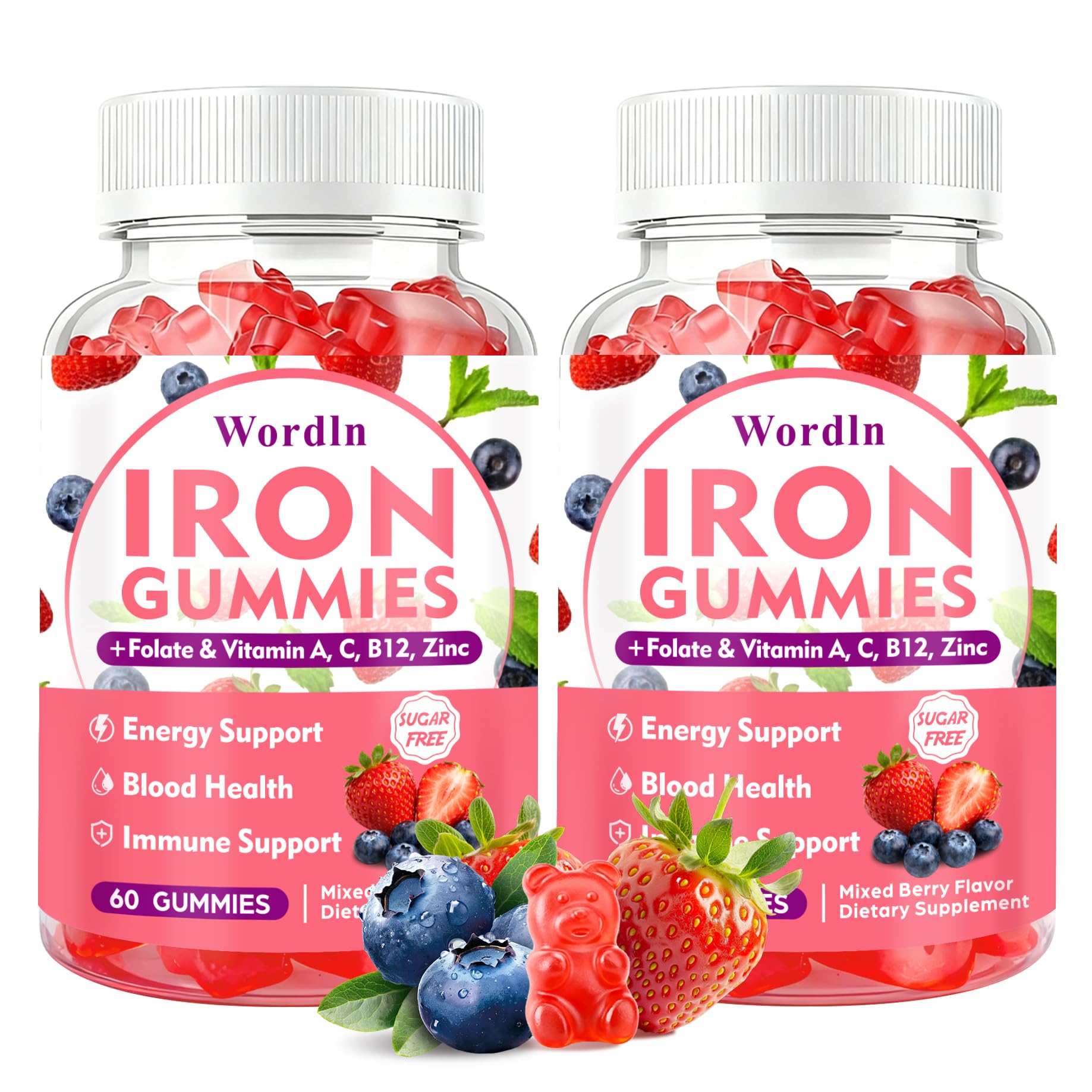Wordln Iron Gummies bottle front view for steady energy support.