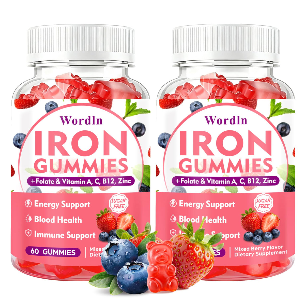 Wordln Iron Gummies bottle front view for steady energy support.