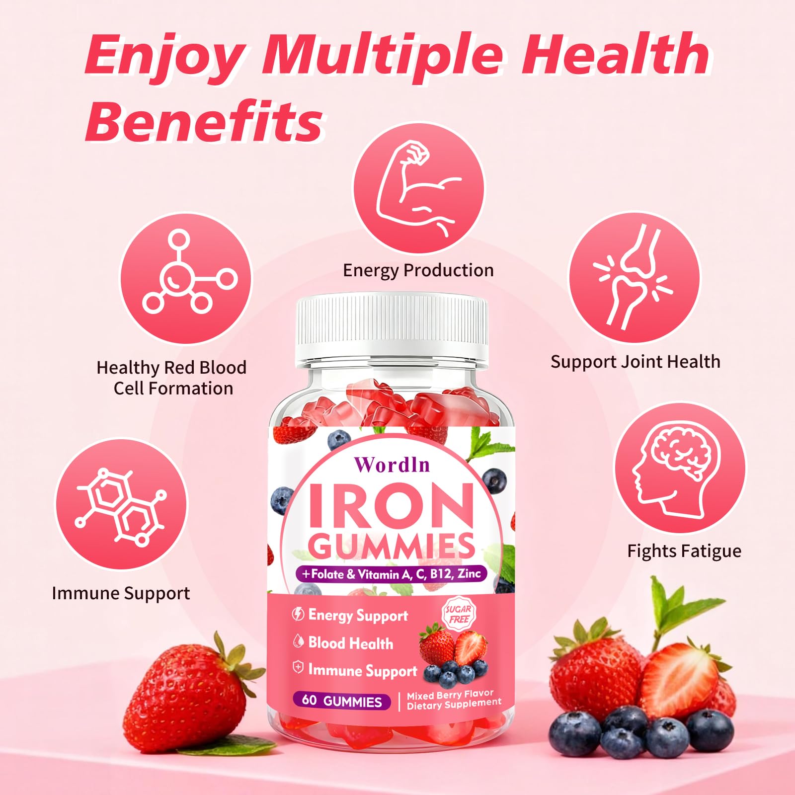 Wordln Iron Gummies nutrition label view showing vitamin C and B12.