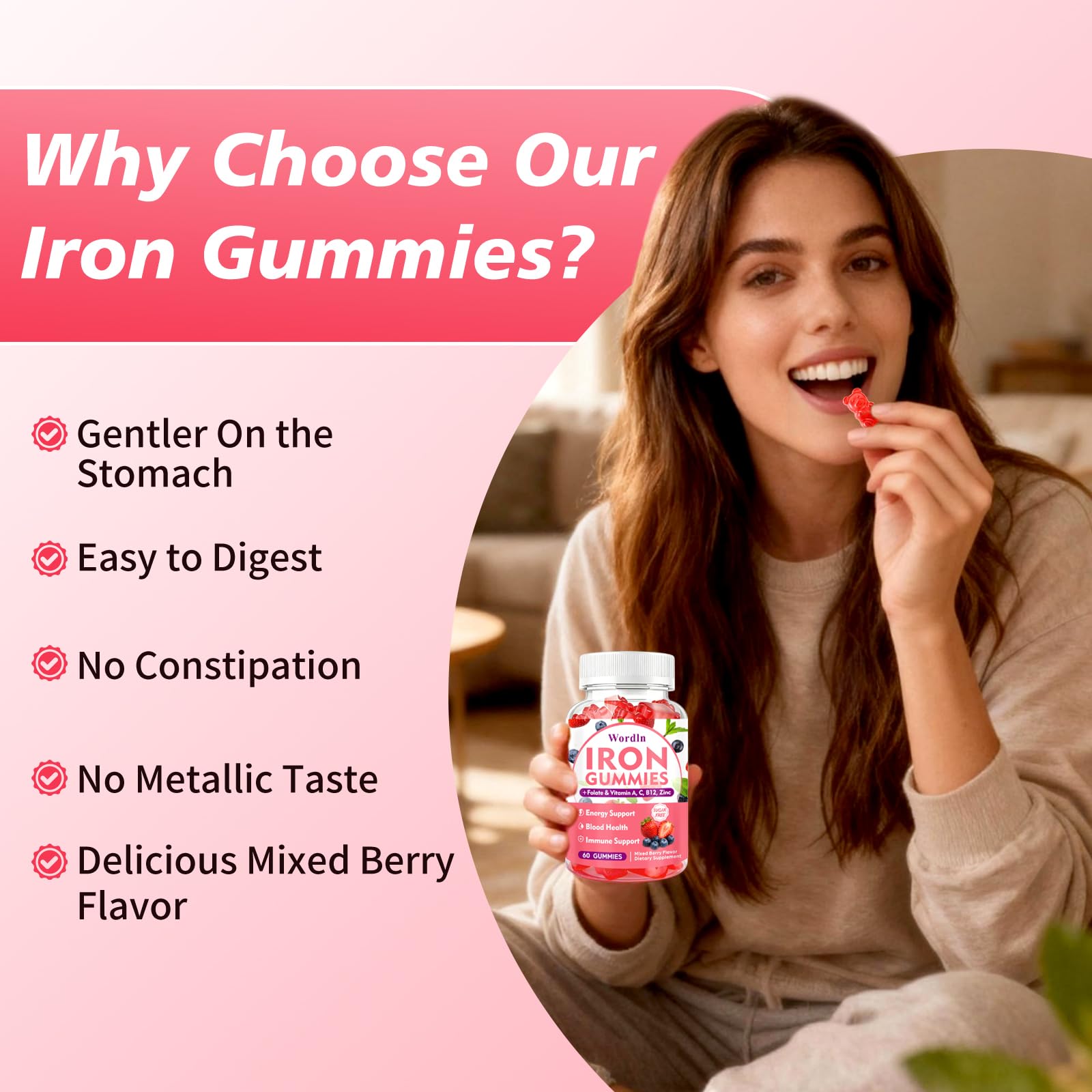 Wordln vegan iron gummies packaging highlighting sugar-free formula.