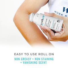 Applying Workvie roll-on to shoulder demonstrates easy, mess-free use.