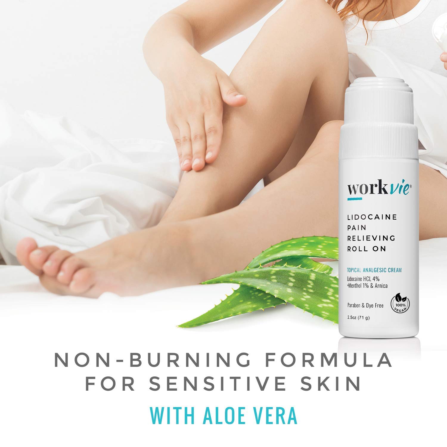 Workvie Lidocaine Roll-On closeup on skin showing soothing action.