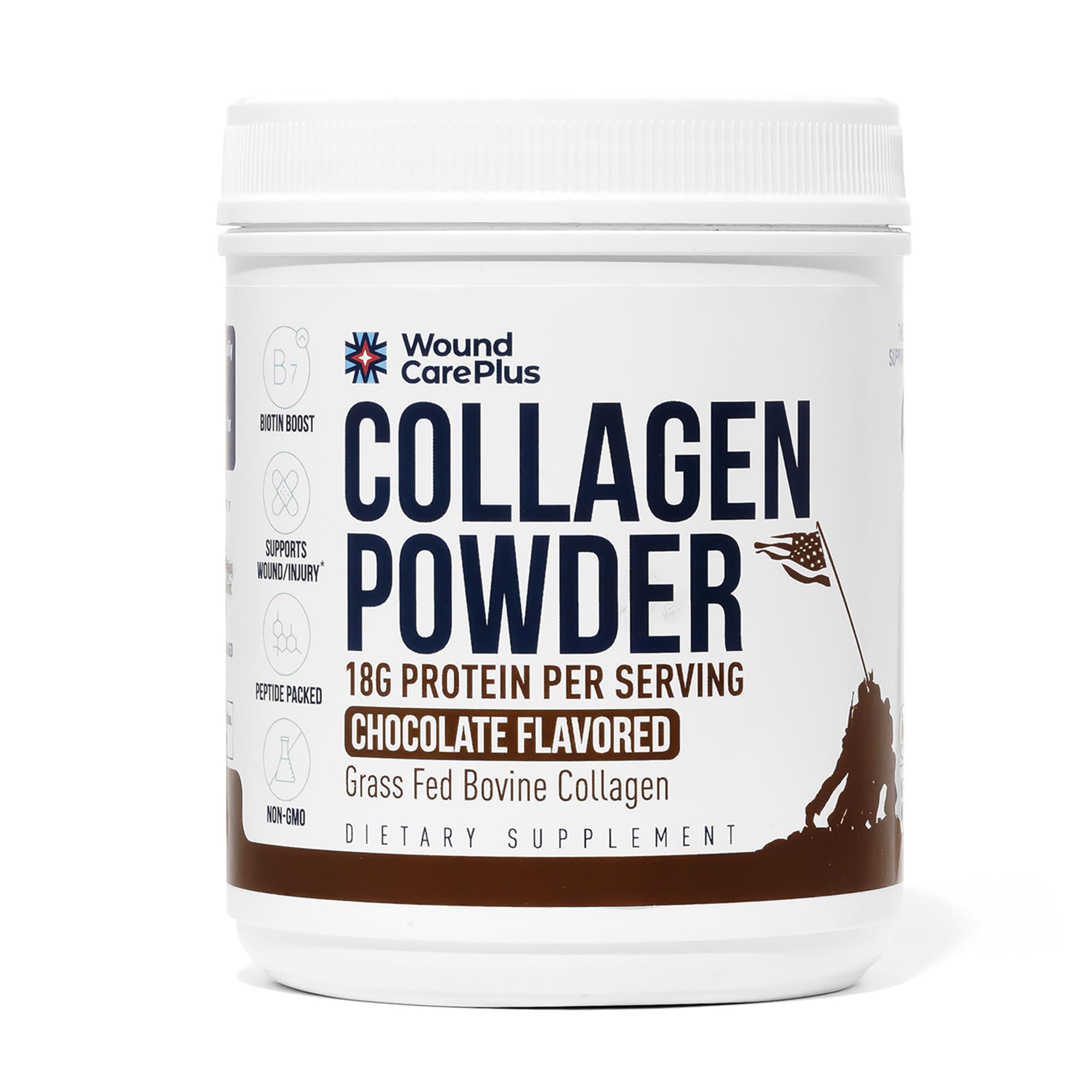 Wound Care Plus collagen powder chocolate bottle shows easy mixability and grass-fed formula.