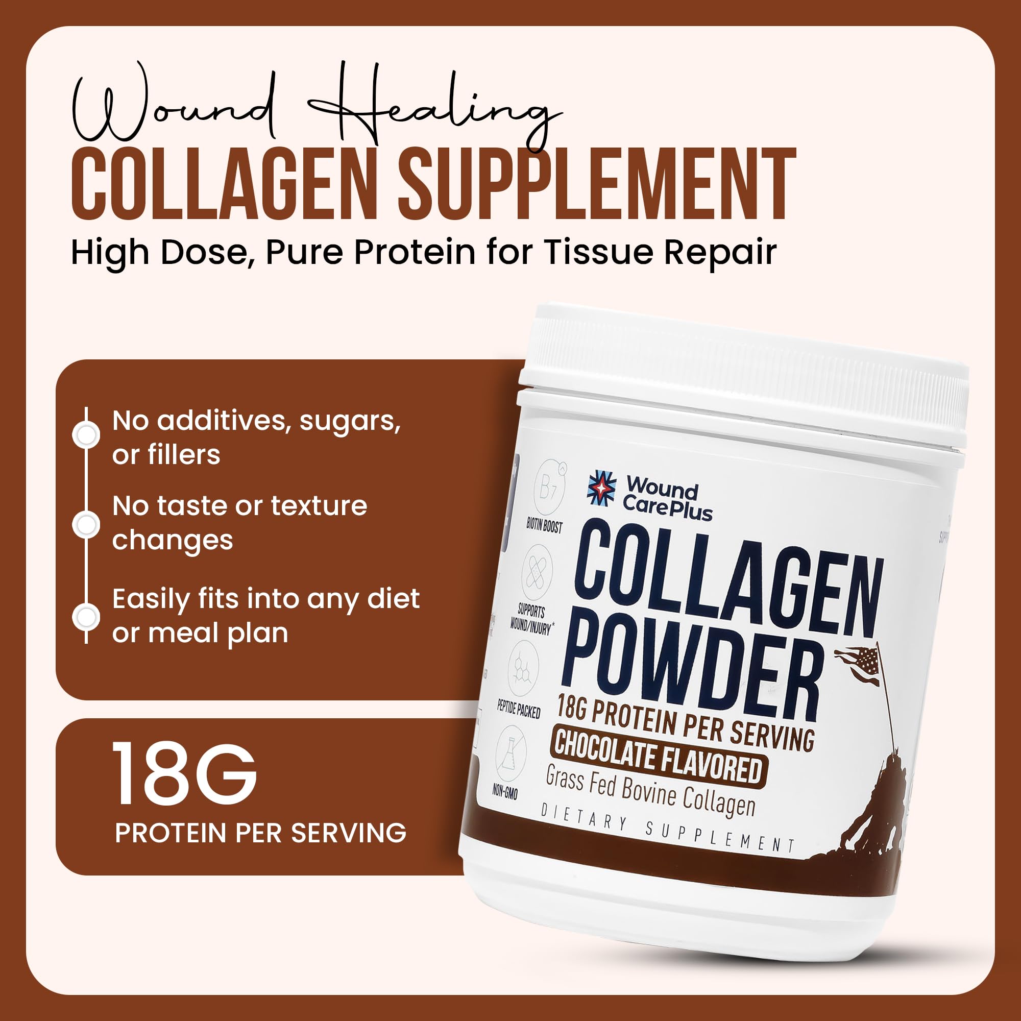 Wound Care Plus collagen powder chocolate nutrition-label emphasizes quality and ingredients.