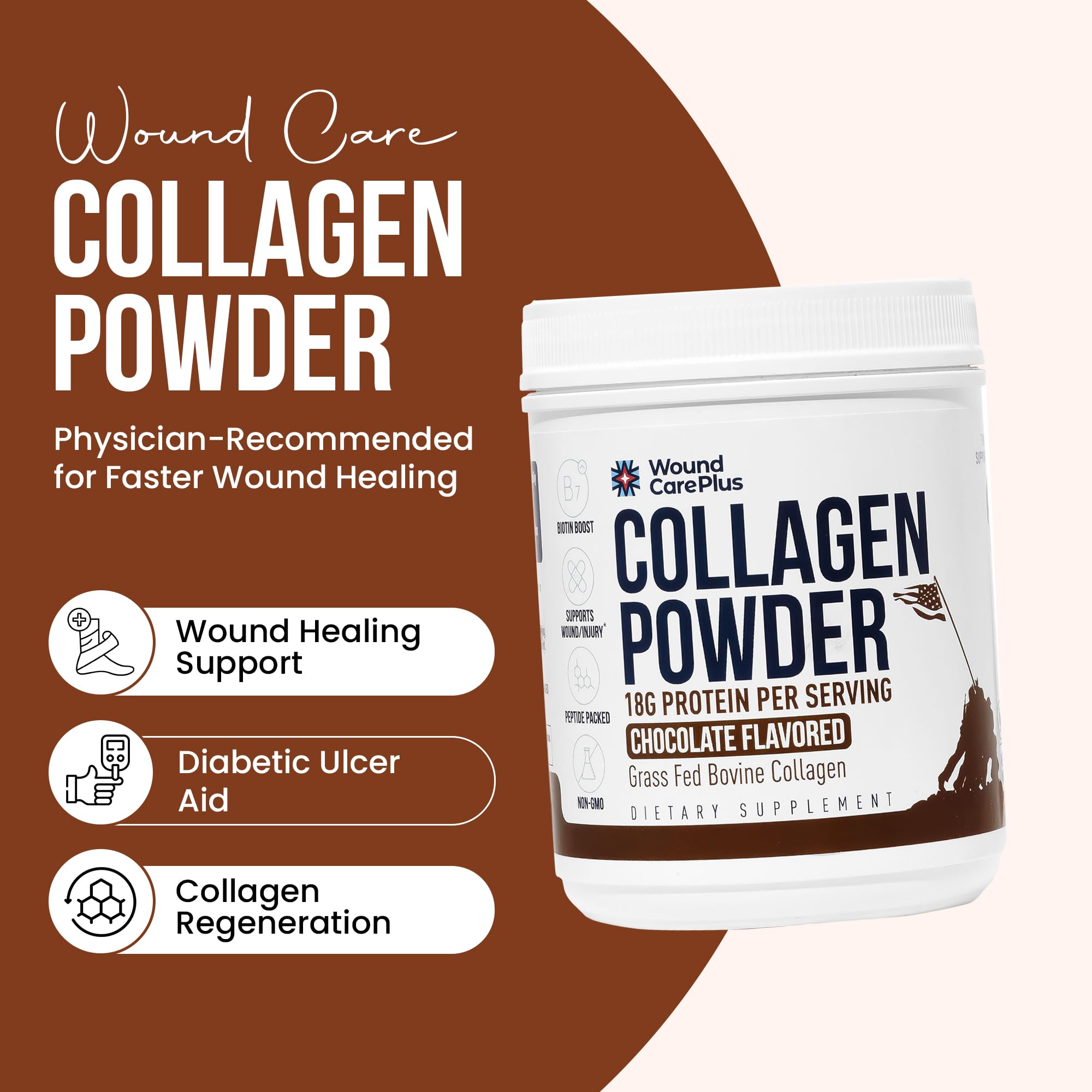 Wound Care Plus collagen powder chocolate scoop highlights a measured serving for daily protein.