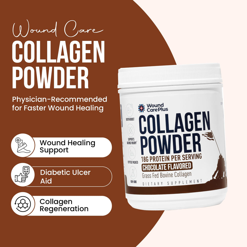 Wound Care Plus collagen powder chocolate scoop highlights a measured serving for daily protein.