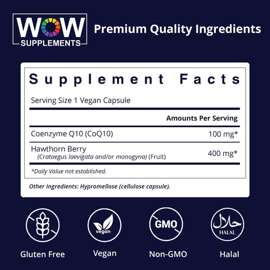 WOW Supplements CoQ10 100 mg capsules highlighting Hawthorn Berry for energy metabolism