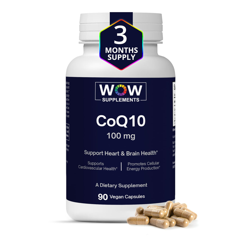 WOW Supplements CoQ10 with Hawthorn bottle showing heart health support and energy